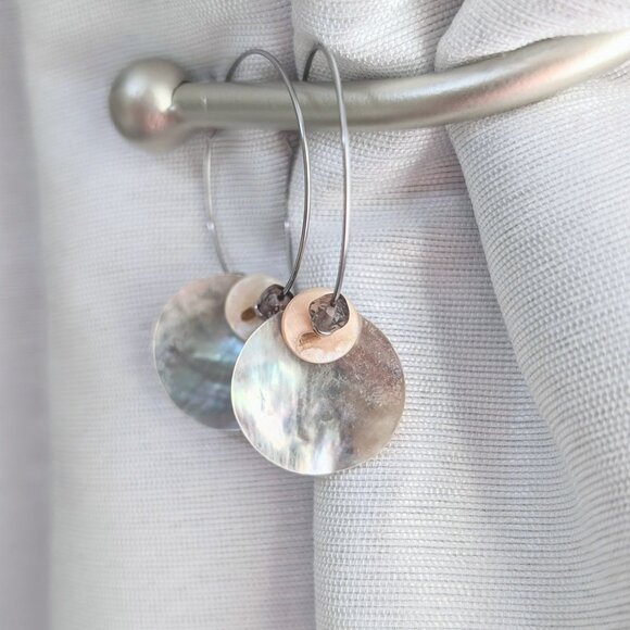 Handmade Iridescent Shell Disc Coins and Smoky Quartz Steel Hoop Earrings - Picture 2 of 13